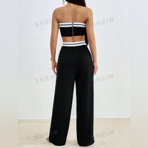 Contrast Trim Tube Top & Wide Leg Pants Set Black and White New Size Small - Picture 2 of 6